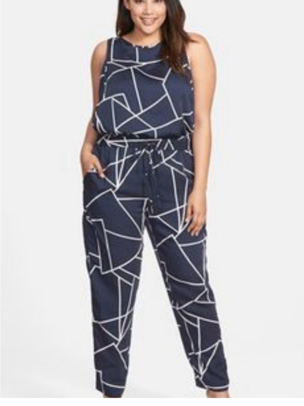 DKNYC Navy and White Geometric Sleeveless Jumpsuit - Size 16W NWT